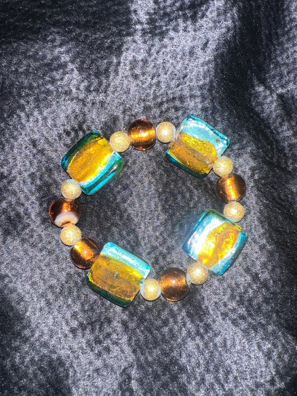 Handmade Turquoise & Gold Glass Bead Stretch Bracelet